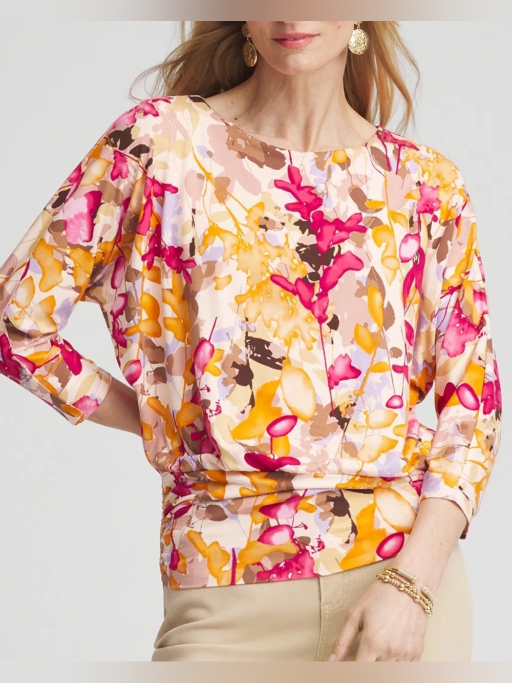 Chico’s Size 2 (Large) Touch Of Cool Floral Banded Hem Top
